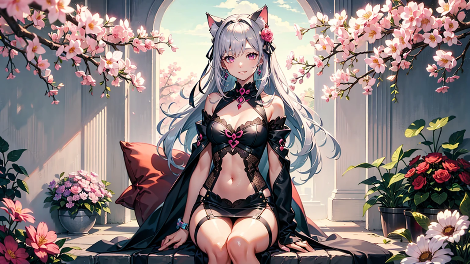 Silver Hair, Pink Eyes, Body, Cat ears, Sexy Girls, earrings, Flower sky background, Pink Red , Hair accessories, sit down, Smiley Face