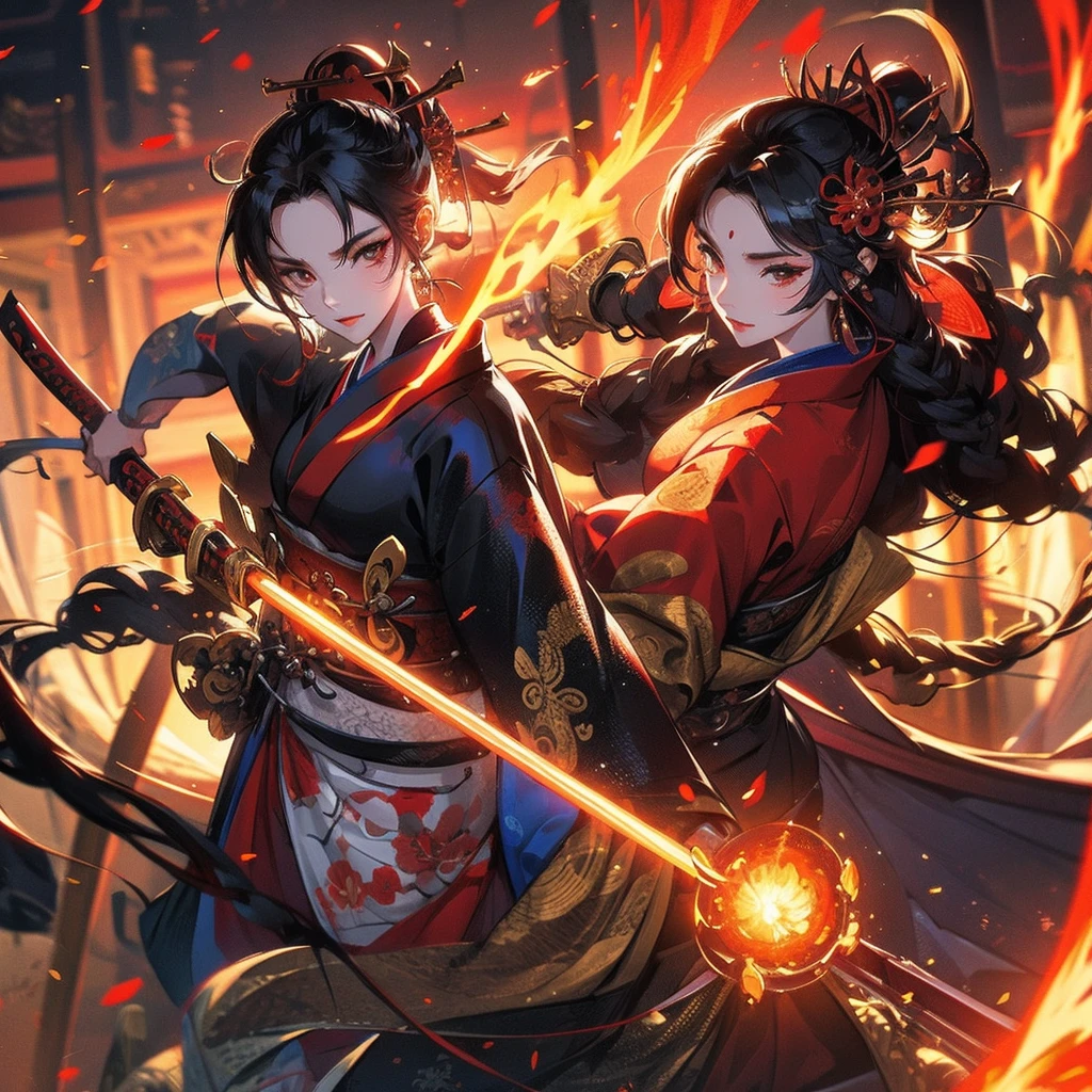 geisha and samurai, fire, epic, fantasy, dragon