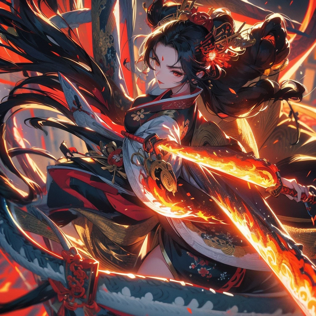 geisha and samurai, fire, epic, fantasy, dragon