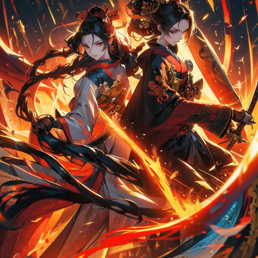 geisha and samurai, fire, epic, fantasy, dragon