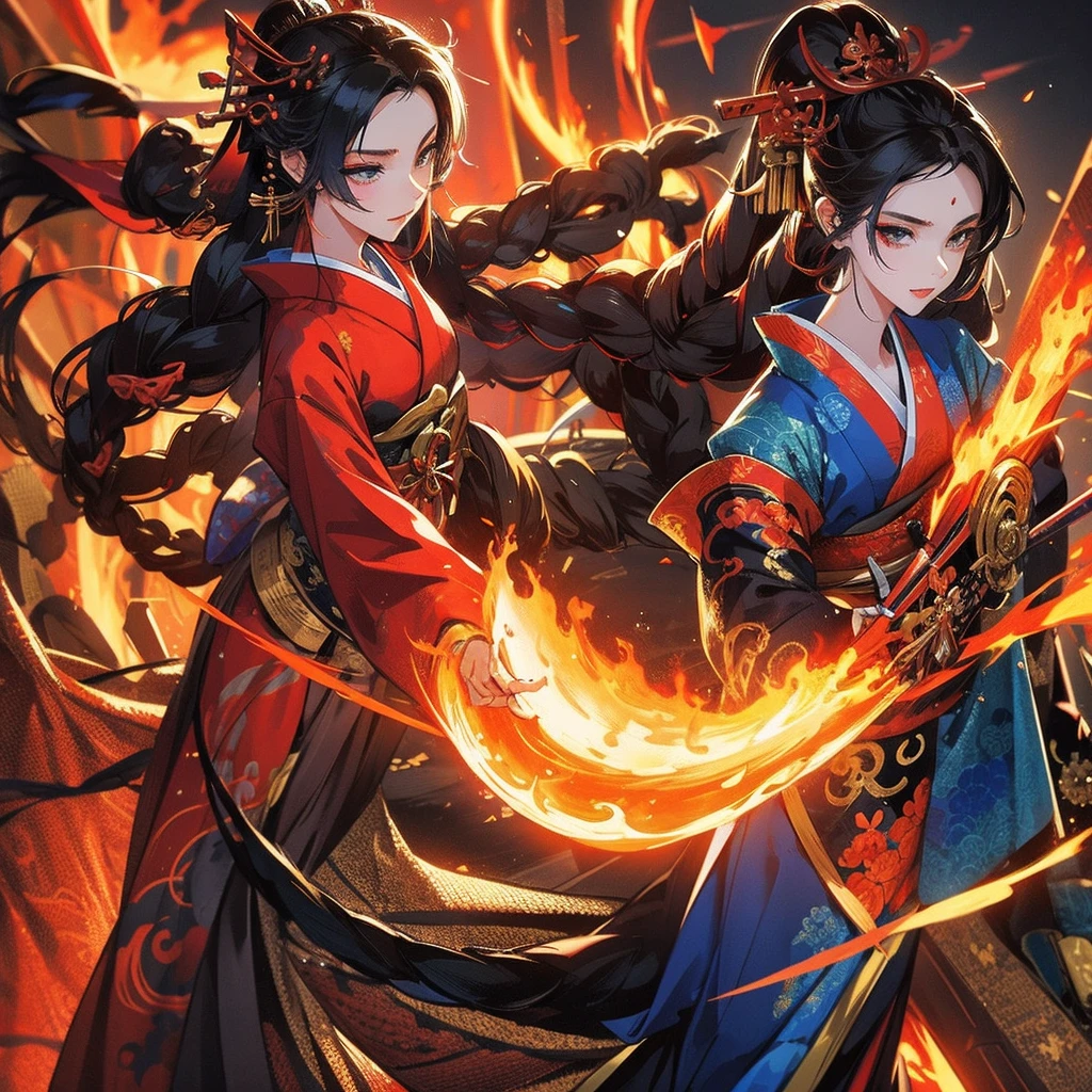 geisha and samurai, fire, epic, fantasy, dragon