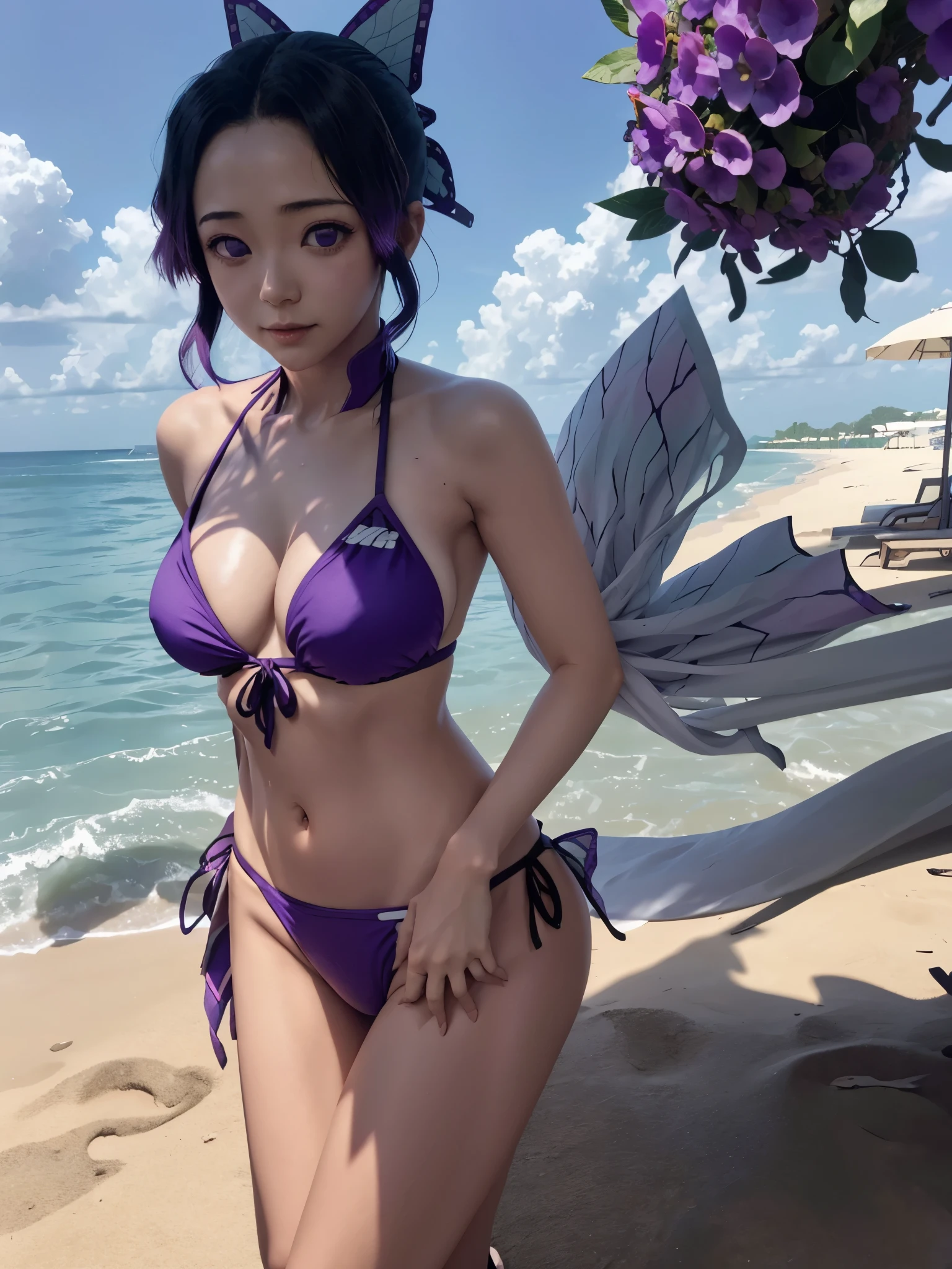 Shinobu the demon slayer, Linda, appealing, also bikini,(black and purple), completamente appealing, cenario, beach scene, Sunnyday, fine-detailed, improved effects, better shadows, best design, better lighting