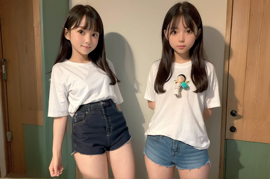 (Two Girls:1.4)、(PlainＴshirt and shorts:1.4)、(Holding a Kokeshi doll in one&#39;s hand:1.5)、(Highest quality、8K、32k、masterpiece)、(smile:1.5)、Japanese、15 years old、Very cute girl、beautiful girl、Bathroom、Glowing Skin、Blurred Background、Shooting from below、Cowboy Shot、