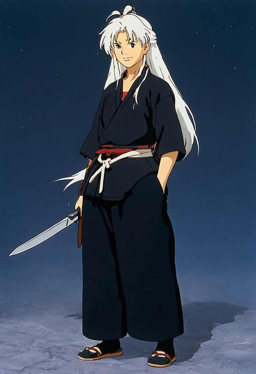 A Ghibli's studio character. With messy white hair and dark large clothes. Her belt is large and hold some knife. Her face is clean
