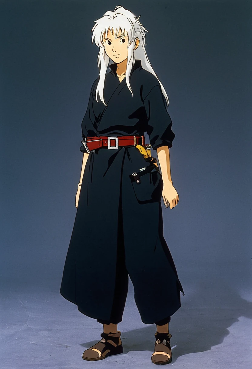 A Ghibli's studio character. With messy white  hair and dark large clothes. Her belt is large and hold some knife. Her face is clean