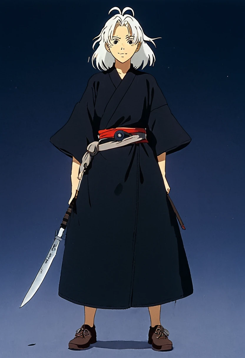 A Ghibli's studio character. With messy white hair and dark large clothes. Her belt is large and hold some knife. Her face is clean