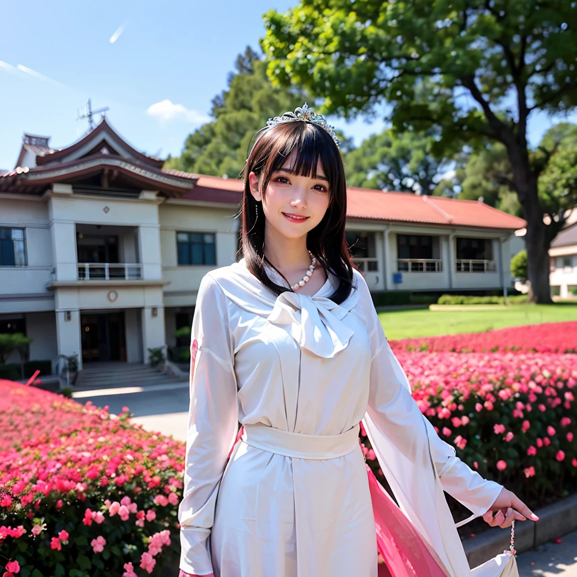 (masterpiece、Highest quality、Best image quality、8K、Award-winning works)、(1 40 years old:1.2)、(Facial wrinkles:1.2)、(Commemorative photo taken with the school in the background:1.1)、(Glowing beautiful skin Very bright:1.3)、(very bright and vivid:1.2)、Look at me with your best smile、(The perfect formal suit:1.2)、(A perfect and precise pearl necklace:1.2)、(Super bright and radiant skin:1.1)、(A very bright and shiny ceremonial suit:1.1)、(A very bright and shiny new school building:1.1)、(Elegantly styled very long wavy hair:1.2)、Black brown hair、(:1.1)、Accentuate your body lines、(Standing Most Elegantly:1.1)、(The background is a rectangular school building with four floors:1.2)、(Modern 4-storey rectangular building:1.2)、(Reinforced Concrete Square School:1.2)、(Beautiful square window glass:1.1)、(A new and beautiful high school:1.1)、Sunny and beautiful sky、Clear, beautiful sky、Beautiful thunderclouds、(Fresh sunshine:1.1)、(Blurred cherry blossom tree in full bloom in the background:1.1)、Perfect Makeup、Bright lipstick、Upper body photo、Blurred Background、(Perfect Anatomy:1.1)、Ultra-high definition beauty face、Ultra HD Hair、Ultra-high definition sparkling eyes、Ultra-high quality glossy lips