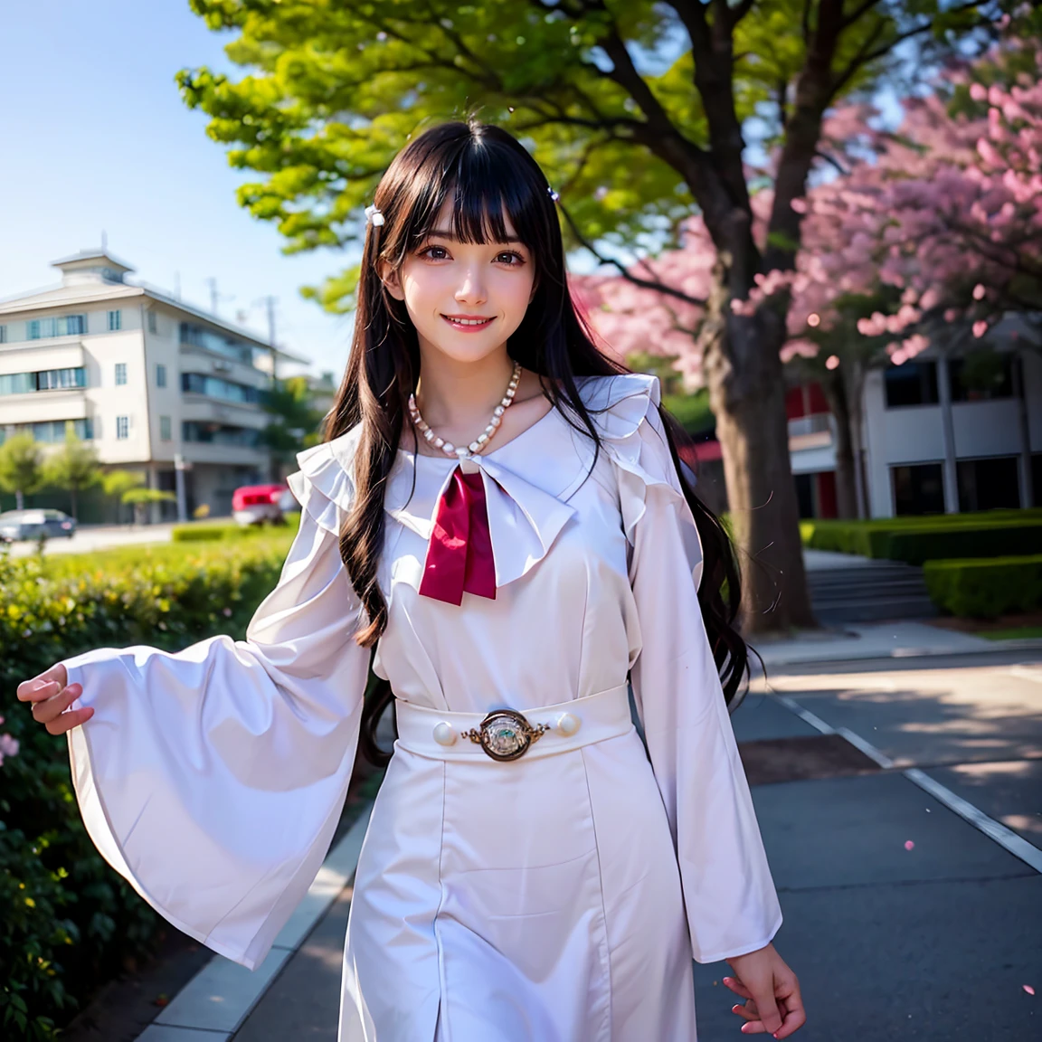 (masterpiece、Highest quality、Best image quality、8K、Award-winning works)、(1 40 years old:1.2)、(Facial wrinkles:1.2)、(Commemorative photo taken with the school in the background:1.1)、(Glowing beautiful skin Very bright:1.3)、(very bright and vivid:1.2)、Look at me with your best smile、(The perfect formal suit:1.2)、(A perfect and precise pearl necklace:1.2)、(Super bright and radiant skin:1.1)、(A very bright and shiny ceremonial suit:1.1)、(A very bright and shiny new school building:1.1)、(Elegantly styled very long wavy hair:1.2)、Black brown hair、(:1.1)、Accentuate your body lines、(Standing Most Elegantly:1.1)、(The background is a rectangular school building with four floors:1.2)、(Modern 4-storey rectangular building:1.2)、(Reinforced Concrete Square School:1.2)、(Beautiful square window glass:1.1)、(A new and beautiful high school:1.1)、Sunny and beautiful sky、Clear, beautiful sky、Beautiful thunderclouds、(Fresh sunshine:1.1)、(Blurred cherry blossom tree in full bloom in the background:1.1)、Perfect Makeup、Bright lipstick、Upper body photo、Blurred Background、(Perfect Anatomy:1.1)、Ultra-high definition beauty face、Ultra HD Hair、Ultra-high definition sparkling eyes、Ultra-high quality glossy lips