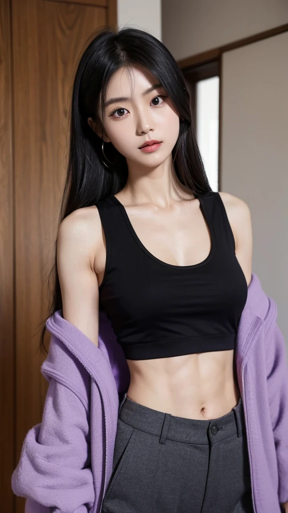 Japanese woman wearing a black jacket and purple tank top, tight black trousers, with six pack abs, long hair