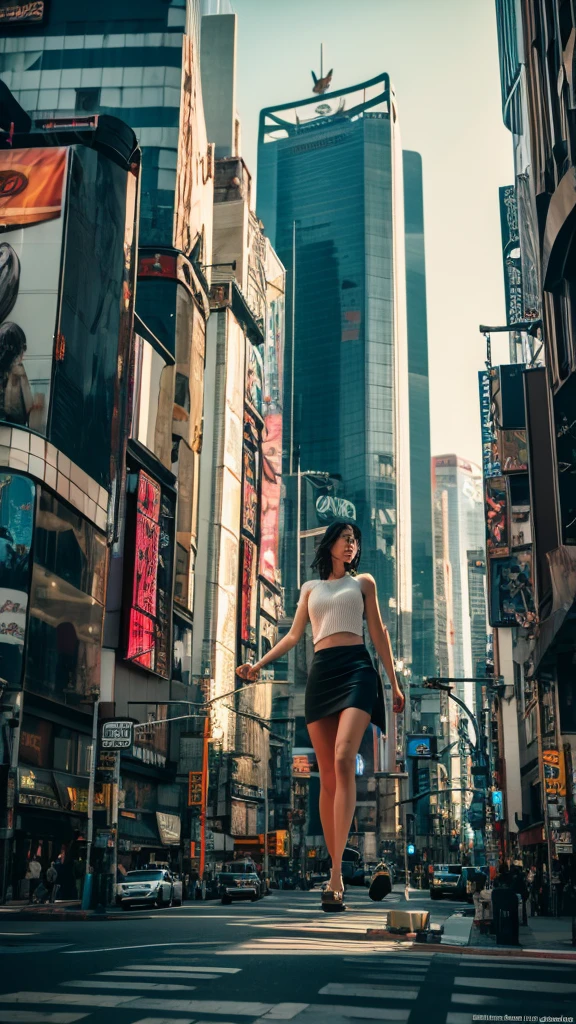 A giant woman in a lying on top of a cyberpunk city, Wear short skirts,Little guys running around the giant girl,The little person panicked and ran away,Many cars pass by, Standing on her hand, cgsociety 9, 2. 5 d cgi fantasy art, engine rendering unreal + a goddess, full body cgsociety, artgerm ; Hyper realistic 3d content, giant art, super detailed 3d matte paintings, super detailed 3d matte paintings, realistic fantasy art, realistic 3 d anime style. Beautiful girl. Big thighs."The boy stood on the top of a high-rise building waving to the girl". Color ultra 4k.The little person panicked and ran away.Giant attack.Shibuya,tokyo.