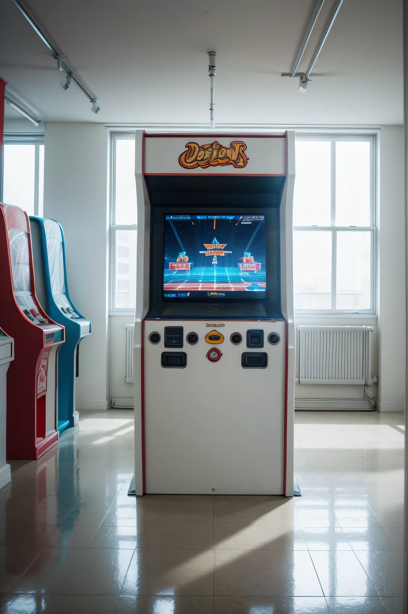 An arcade machine in an empty white room, distant view, HDR, 4K.