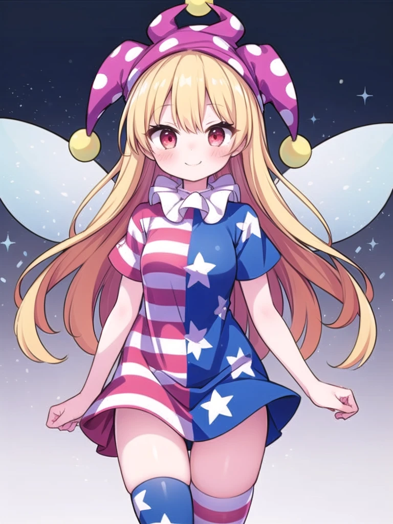 1girl, masterpiece, best quality, perfect hands, clownpiece, jester cap, polka dot, american flag dress, neck ruff, short sleeves, fairy wings, star \(symbol\), yellow hair, long hair, american flag legwear, thighhighs, smile, blush, red eyes, black thighhighs