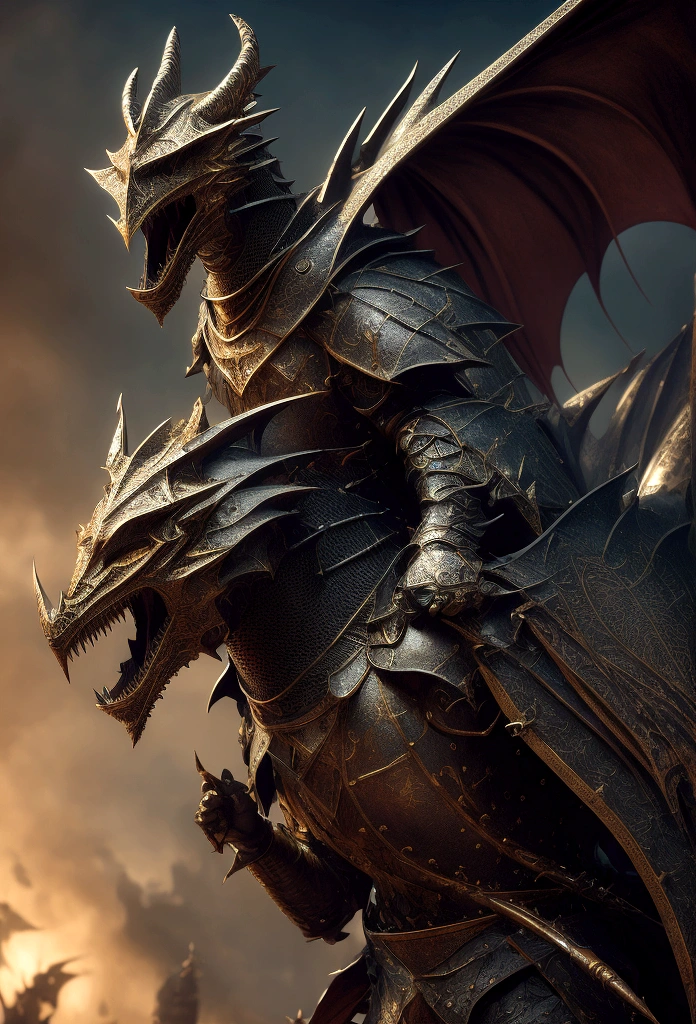 Like a movie with a knight in dragon-shaped armor swinging a spear., High resolution, original, Complex, high quality, Gorgeous shades, Complex details, Ultra-fine,OC Rendering,Ray Tracing,Real Light and Shadow,Surreal