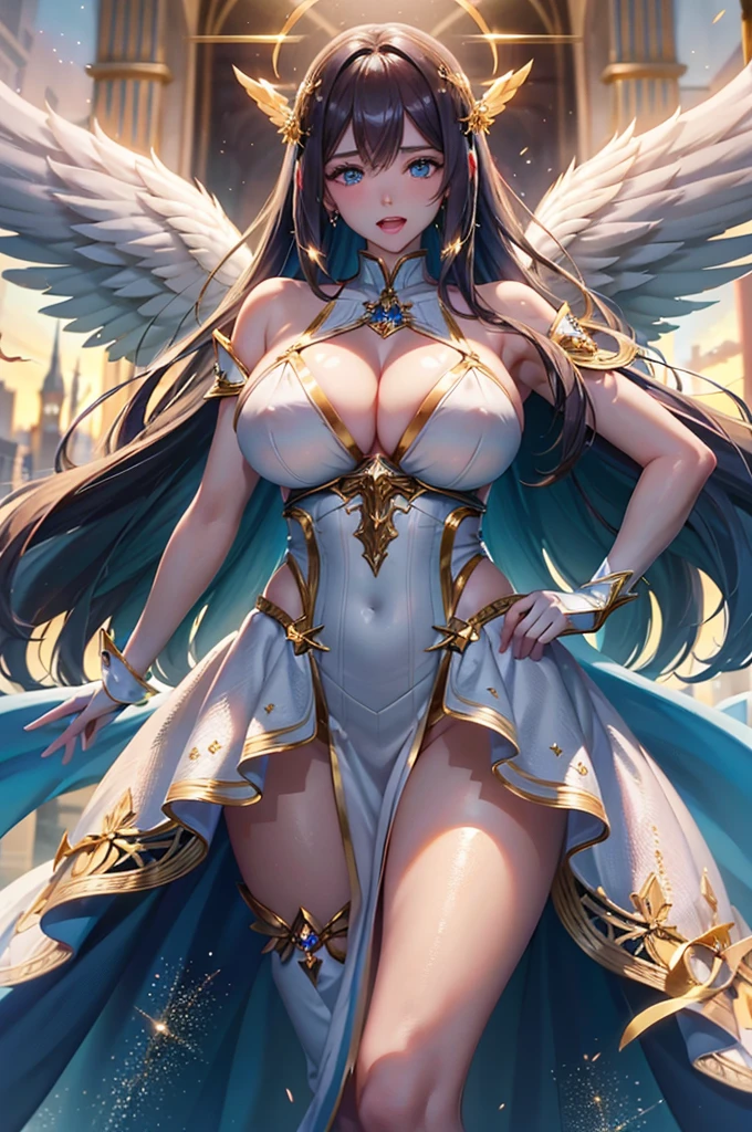 anime、最high quality, high quality, 8K、High resolution,Highest quality、solo、Adult woman in white bikini with wings on her chest viewed from below,Blonde hair and blue eyes、Plump、Thighs、Open Mouth Smile、super Wide Angel, animeの女神, Majestic angel all over the body, Wide Angel, Highly detailed art gems, Spectacular angles and poses, Beautiful angel, Huge and stunning goddess shots, chic, Angela White, Adult female angel, 美しく魅力的なanimeの女性, Angel Knight Girl, She has angel wings on her back