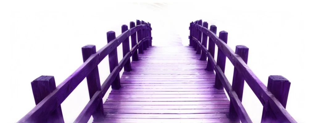 purple bridge with wooden posts and railings leading to a white sky, purple bridges with leggins, bridge, wooden bridge, purple, bridges, black white purple, version 3, purple - tinted, Boardwalk, wood bridges, purple aethetic, bridge over the water, some purple, purple filter, purple fog, aisle, bridges and railings, Artistic Interpretation