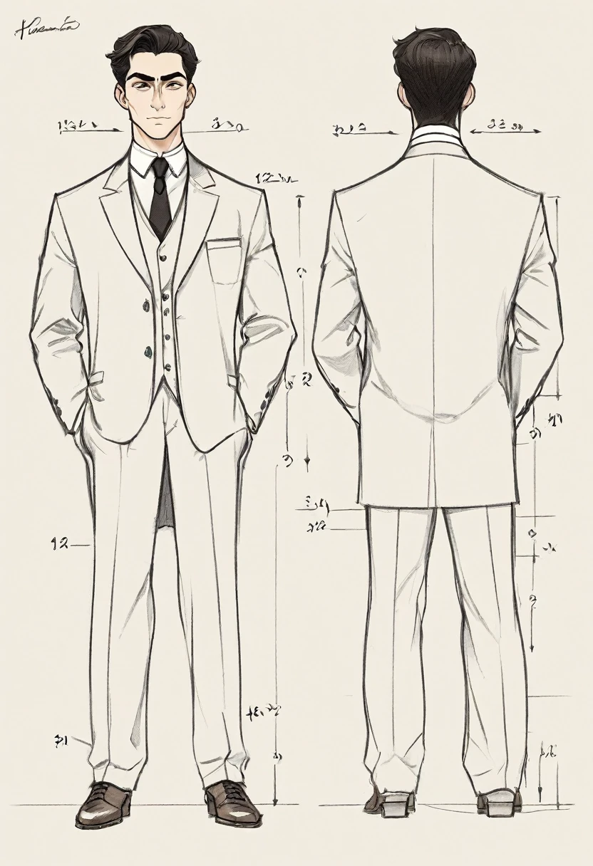 Make a technical drawing showing the character from the front, back and side: Herman Gerhard, 32 years old, is a man of 1,78 m and 92 kg, with light brown eyes and black hair. and a cropped eyebrow. His slightly hunched posture and business attire reflect his unpretentious style.. Psychologically, He&#39;s a mild sociopath, antisocial, hyperactive and ambitious, who fears not being the best at their job. Works as a nuclear scientist for the KGB, motivated by scientific advancement and Soviet supremacy. smart, but with little dexterity and charisma, Herman is cold and calculating under pressure, equipped with spying devices and a revolver.