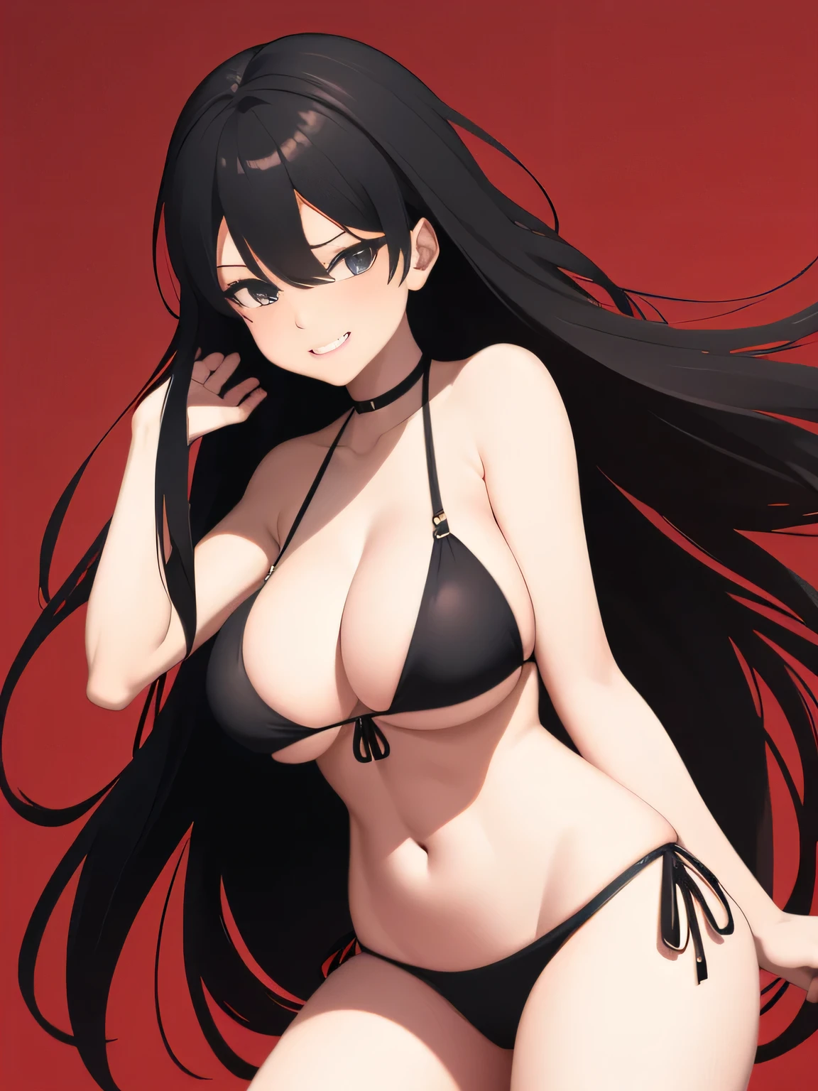 A gravure idol posing for a photoshoot, wearing a black bikini. The idol has a cheerful and confident expression, with her long red hair flowing in the wind. The image is in real style, capturing the beauty and charm of the gravure idol with vibrant colors and exaggerated features typical of anime art.background is a simple.