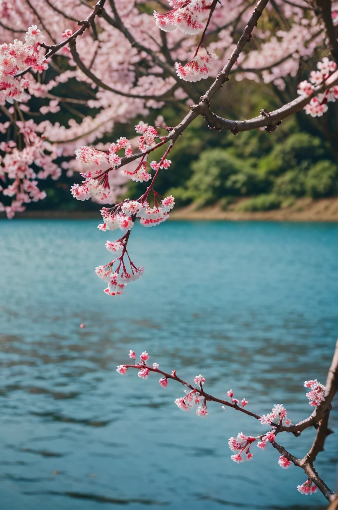 A cinamatic photography of A beautiful vally .light blue wayer Beautiful cherry branches full with red cherrys and cherry flowers morning scene in full screen.water drops on these cherry fruits full screen