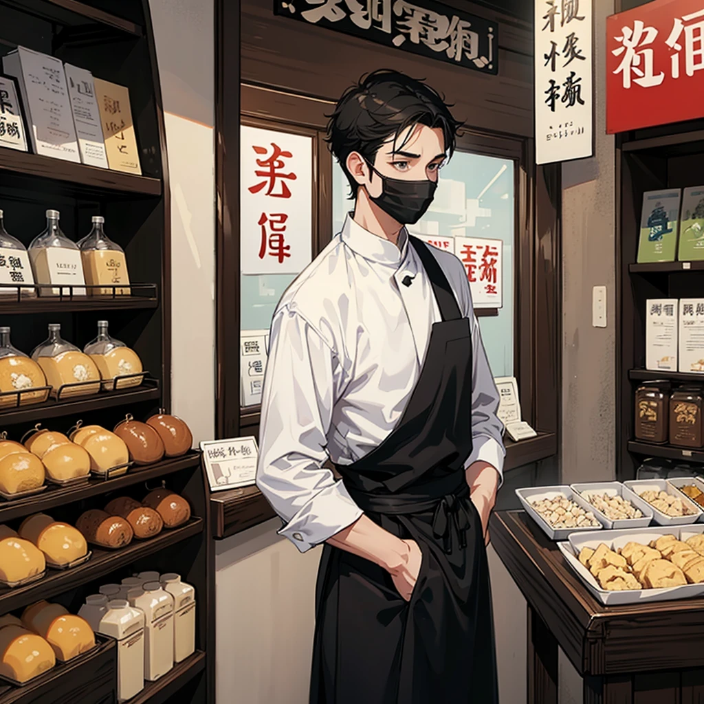 A tall boy with short black hair that wear a white shirt under black apron and wear a black mask standing in front of chinese soy milk store.