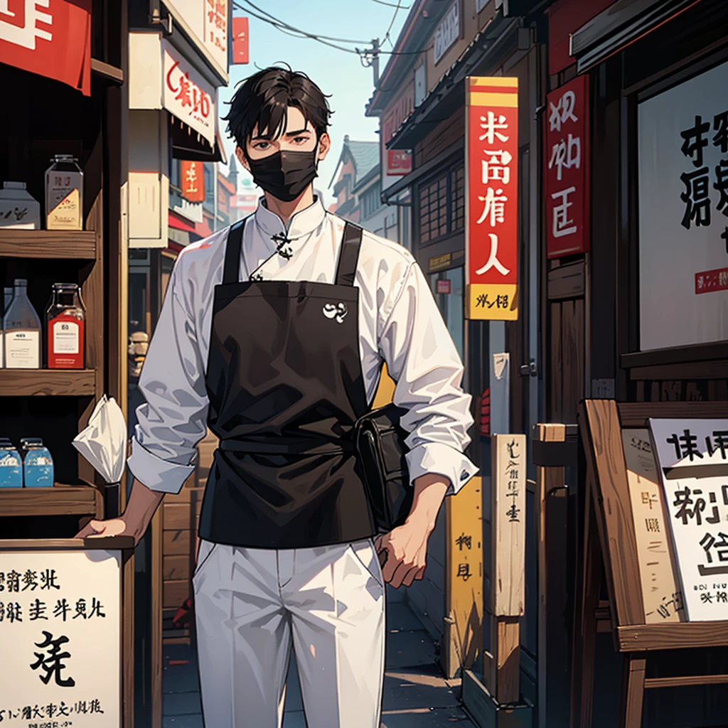 A tall boy with short black hair that wear a white shirt under black apron and wear a black mask standing in front of chinese soy milk store.