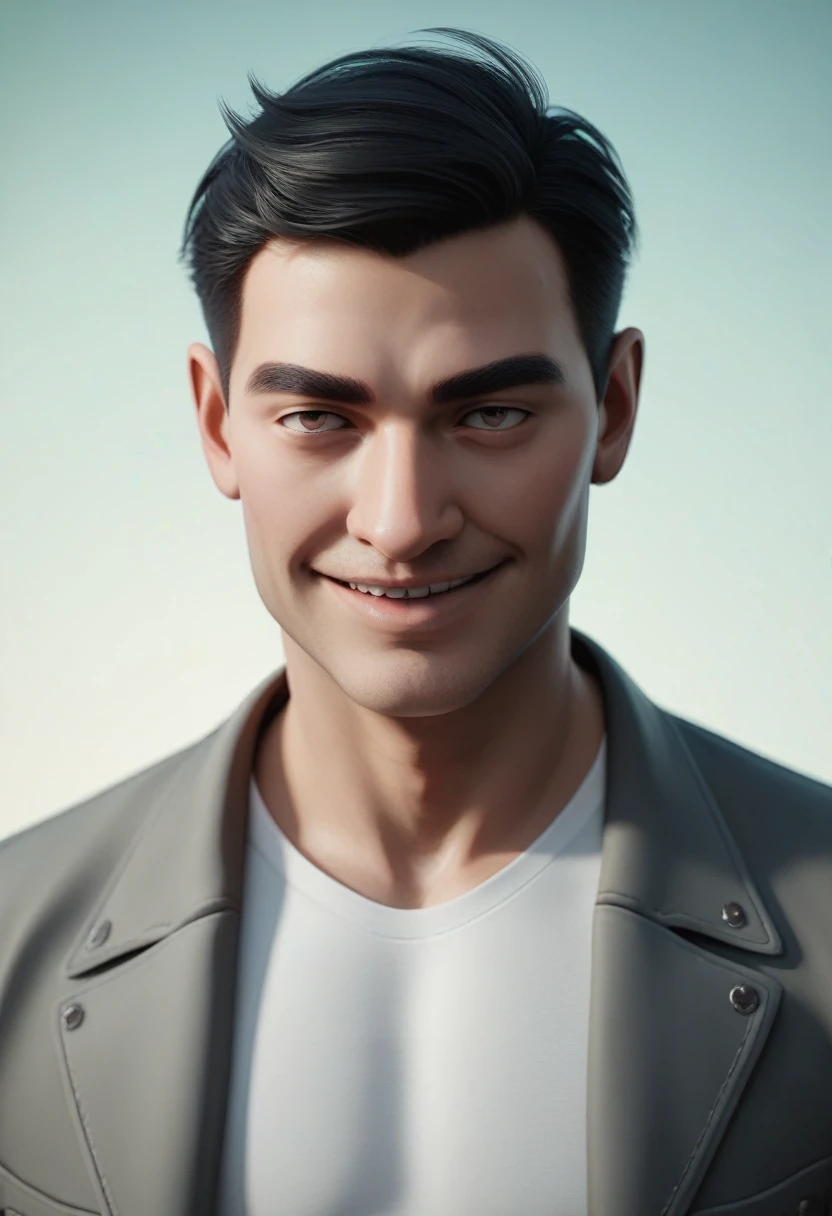 Create a 3D animation of a cartoon caricature with a big head. a 20 year old Indonesian man. He has short black hair parted on the right side. His face is oval with smooth lines, thick and neat black eyebrows, normal eyes, a big nose, and thin lips with a wide, friendly smile. He wore a light gray leather jacket over a white t-shirt. Gradient blue background with professional lighting. masterpiece, top quality, highly detailed skin and face, ultra-realistic, high definition, studio lighting, sharp focus, 2/3 body angle, Concept Art, 3D rendering.