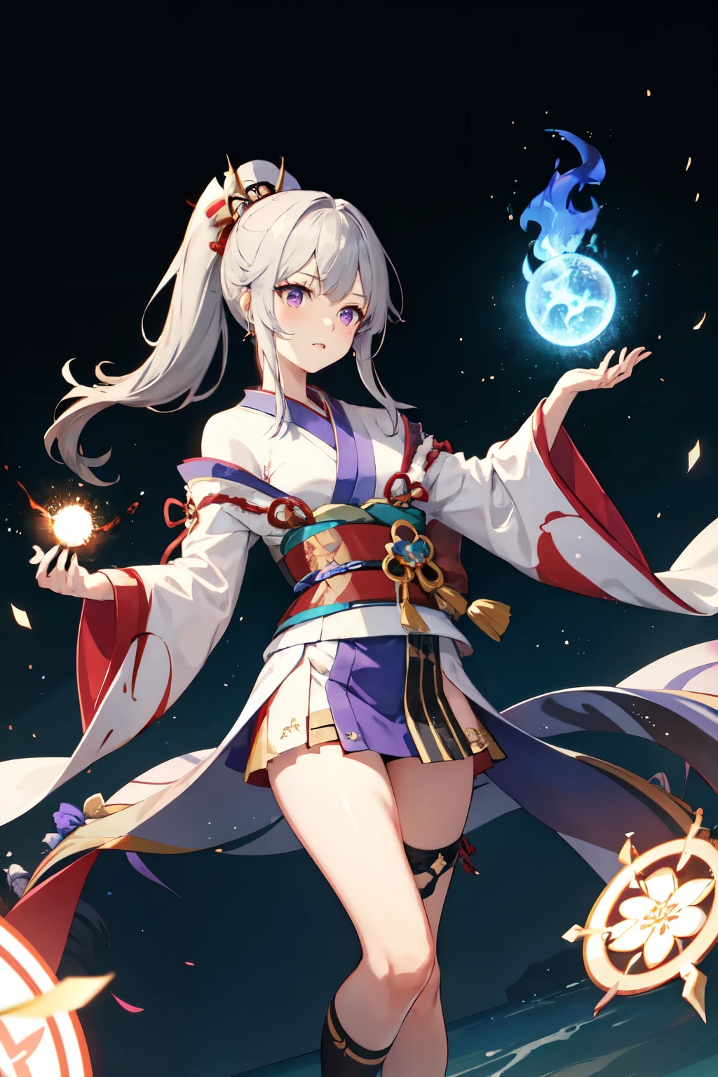 One girl, kimono, ponytail ,Gray Hair, Purple eyes, magic circle, Blue Fire, Blue Flame, wallpaper, landscape, Blood, Blood splatter, Depth of written boundary, night, Particles of light, light, Side Lighting, Thighs, destiny \(series\), Genshin Impact, Open jacket, skirt, Knee socks, cloud