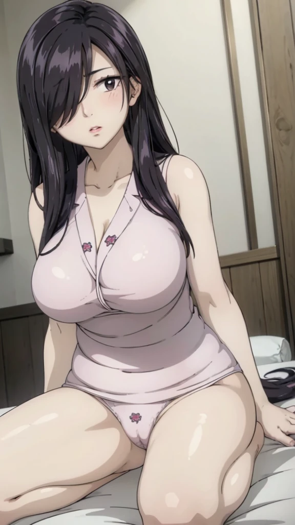 Cute mommy, mature women, realistic skin,perfect ,black hair, long hair, (hair over one eye:1.4), messy hair, hair between eyes, pajama, chubby,plump,fat,dense pubic hair, extreme pubic hair, Sexy lips, pucker lips,cute shy blush on