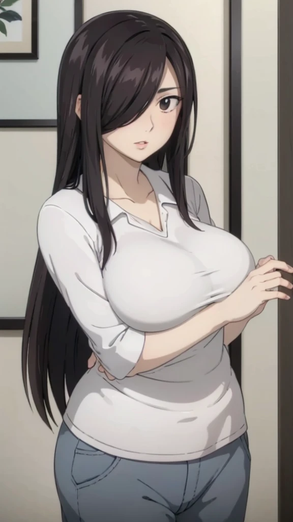 Cute mommy, mature women, realistic skin,perfect ,black hair, long hair, (hair over one eye:1.4), messy hair, hair between eyes, pajama, chubby,plump,fat,dense pubic hair, extreme pubic hair, Sexy lips, pucker lips,cute shy blush on