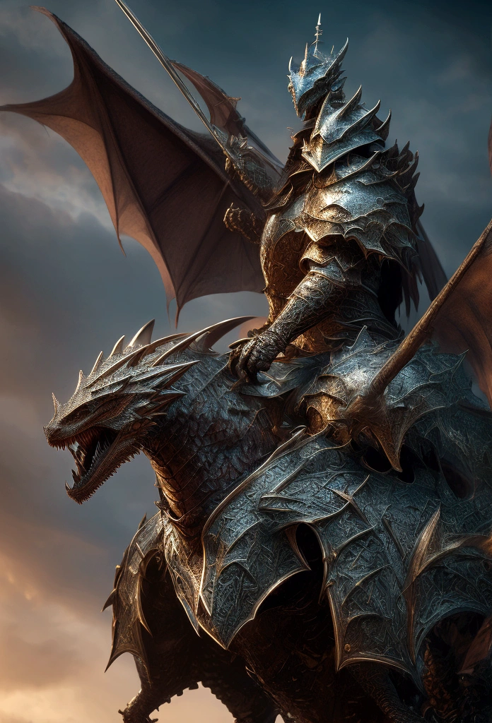 A knight in armor riding a dragon, detailed armor, high detail, photorealistic, unreal engine, cinematic lighting, dramatic angle, epic fantasy, intense colors, dynamic composition, powerful dragon, muscular knight, heroic pose