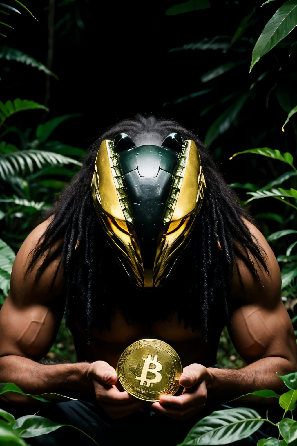 ((Best Quality)), ((Masterpiece)), (detailed), predator in the jungle looking at a bitcoin coin, in the dark