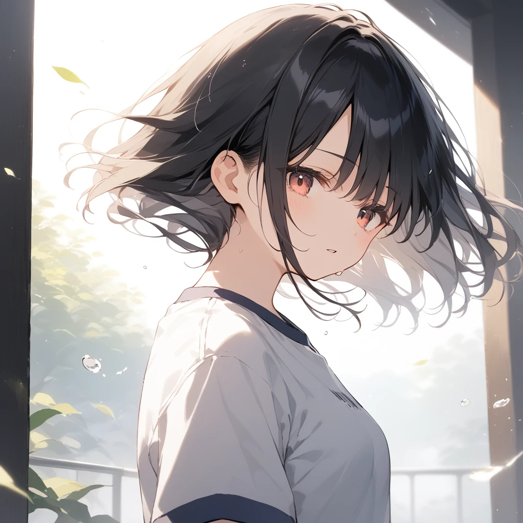 score_9, score_8_up, score_7_up, source_anime, best quality, masterpiece, official art, absurdres, highres, ultra-detailed,waifu2x,Collection: Slice of Life,break,1girl, 15-year-old, short hair, black hair, small breasts, beautiful detailed face, beautiful detailed eyes, well-proportioned iris and pupils, parted lips, beautiful detailed lips, gym uniform, gym shorts, sweat, expressionless, sleepily, School commute route, outdoors, wind, break,(clear line illustration:1.2),very high resolution, very aesthetic, super detailed skin, Best cinematic lighting powered by famous artist, 8k, beauty illustration,photoshop_(medium),,(Detailed Lighting),best anime 8k konachan wallpaper, pixiv contest winner,