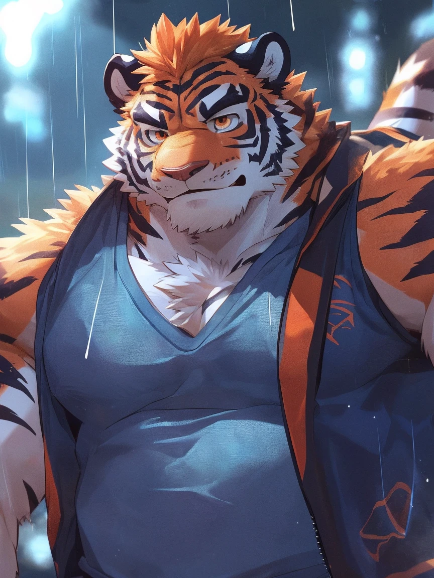 human nature, Wildlife, male,18 years old, solitary, ((Round Face, The face is plump,Orange eyes,Thick orange hair,With scars)), ((Endomorph, Handsome,Hot Blood)), (Sportswear,Light blue and white coat,Wear a sports cap), ((domestic tiger, tiger,) Fluffy fur, Fluffy), Bokeh, (high quality, high resolution, masterpiece), (Dynamic Lighting, Vibrant colors,Natural fill light), (Revitalize,harm,Disdain,aggressive), Full body picture (close up), cartoon, author:Takemoto Arashi, From zixiong, By Chunni, author:Empty Ghost,(background:Raining dead city)