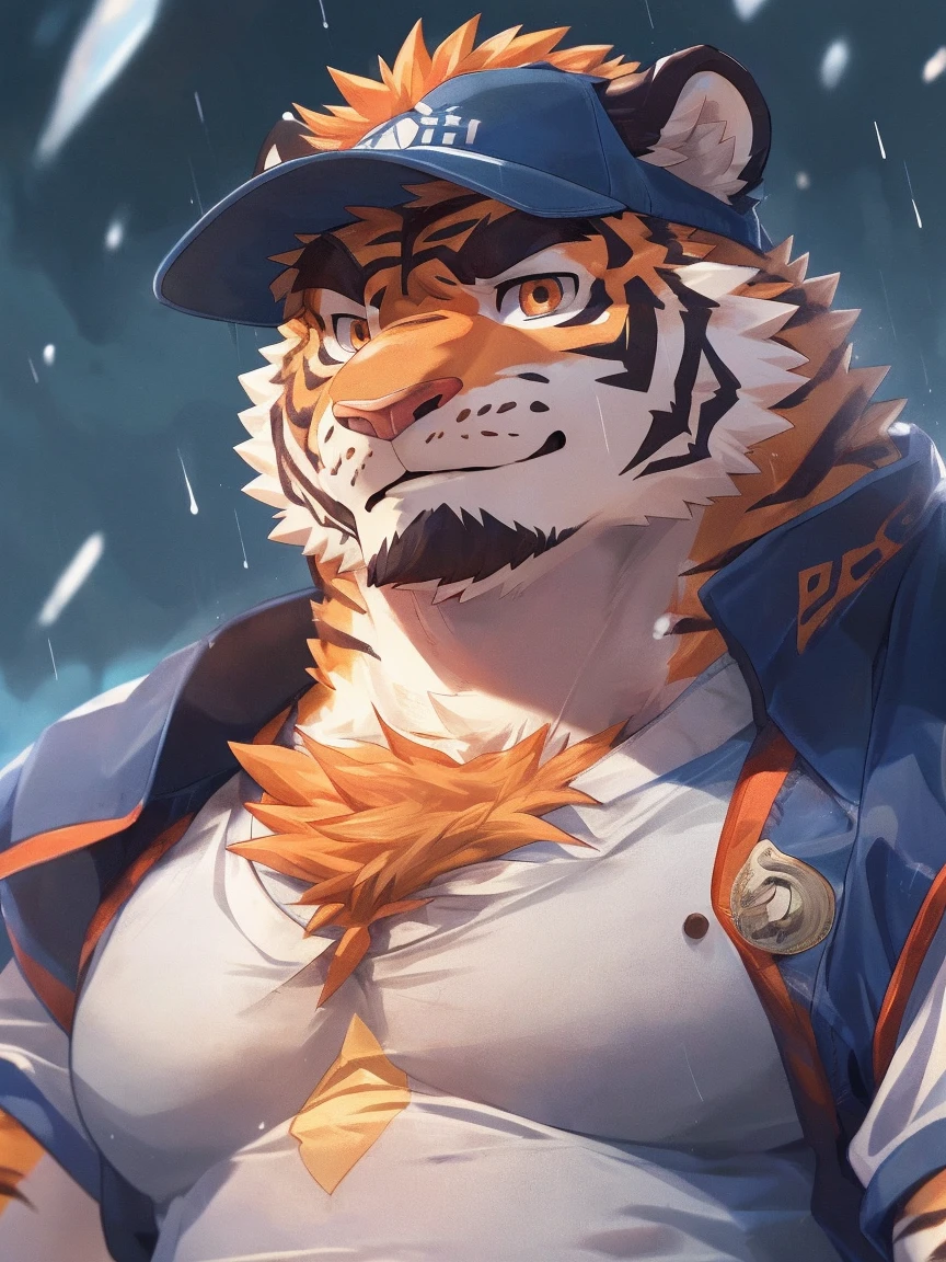human nature, Wildlife, male,18 years old， solitary, ((Round Face, The face is plump,Orange eyes,Thick orange hair，With scars)), ((Endomorph, Handsome，Hot Blood)), (Sportswear，Light blue and white coat，Wear a sports cap), ((domestic tiger, tiger，) Fluffy fur, Fluffy), Bokeh, (high quality, high resolution, masterpiece), (Dynamic Lighting, Vibrant colors，Natural fill light), (Revitalize，harm，Disdain，aggressive), Full body picture (close up), cartoon, author：Takemoto Arashi, From zixiong, By Chunni, author：Empty Ghost，（background：Raining dead city）