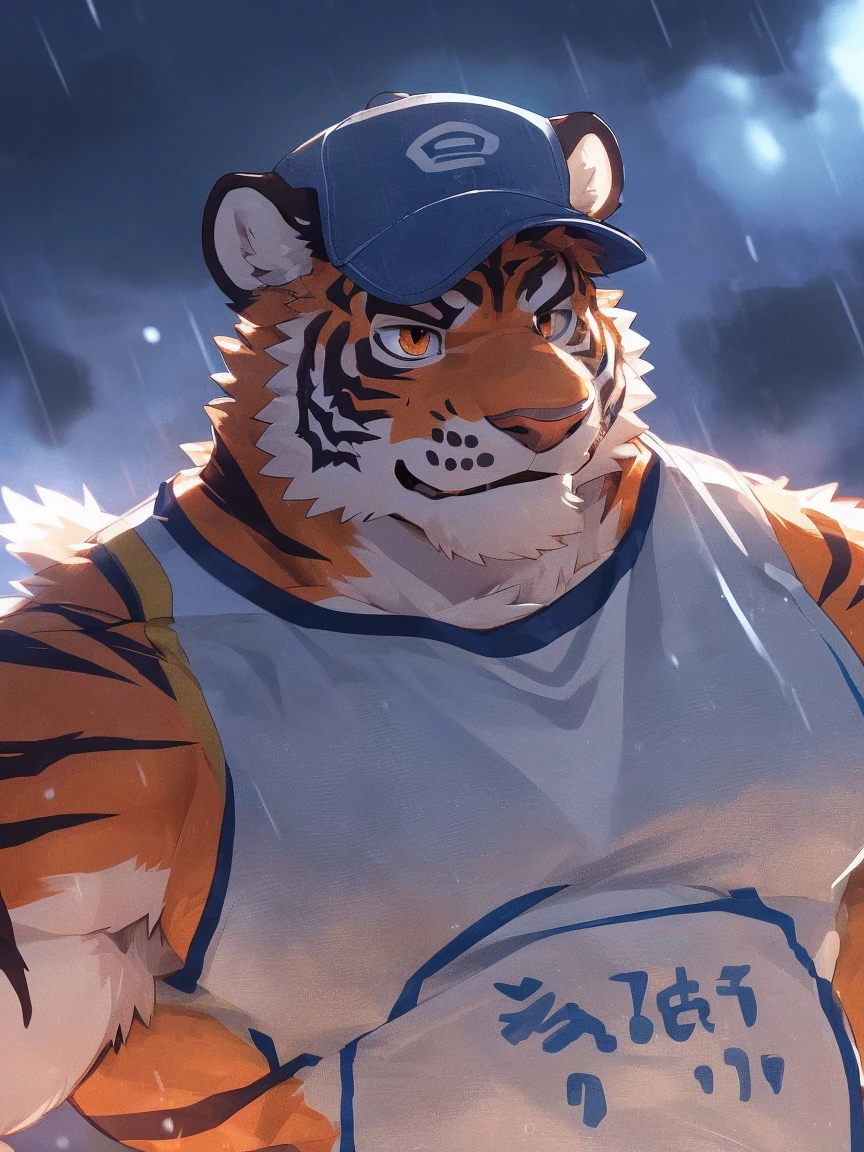 human nature, Wildlife, male,18 years old， solitary, ((Round Face, The face is plump,Orange eyes,Thick orange hair，With scars)), ((Endomorph, Handsome，Hot Blood)), (Sportswear，Light blue and white coat，Wear a sports cap), ((domestic tiger, tiger，) Fluffy fur, Fluffy), Bokeh, (high quality, high resolution, masterpiece), (Dynamic Lighting, Vibrant colors，Natural fill light), (Revitalize，harm，Disdain，aggressive), Full body picture (close up), cartoon, author：Takemoto Arashi, From zixiong, By Chunni, author：Empty Ghost，（background：Raining dead city）