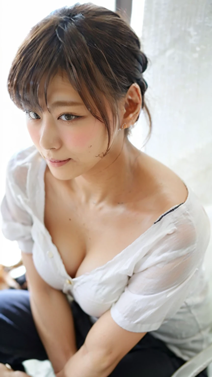 (Realistic、Like a photograph、Live Action、8K, Realistic, RAW Photos, Best image quality: 1.4), Single-lens reflex camera、RAW Photos, Highest quality, Realistic, Very detailedな CG Unity 8K 壁紙, Written boundary depth, Cinematic Light, Lens flare, Ray Tracing, Realistic background、(The chest button is openYshirt:1.4、Business pants:1.1、Big Breasts、Cleavage、Breast flash)、((Upward glance))、((ultra high density skin))、 1 female,Cute Japanese Woman、Japanese office lady sitting and working、((whole body:1.5),View the computer:1.1、Shortcuts:1.2、Blonde、I like that style、stylish、Very detailed、Pay attention to the details、Perfect outfit、(Sunburned skin)、Beautiful feet:1.1,View from above