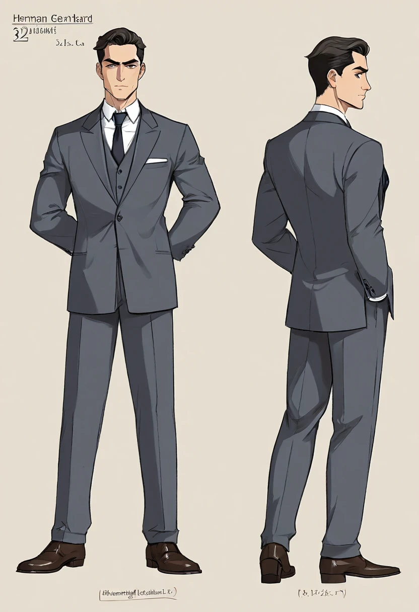 Make a technical drawing showing the character from the front, back and side: Herman Gerhard, 32 years old, is a man of 1,78 m and 92 kg, with light brown eyes and black hair. and a cropped eyebrow. His slightly hunched posture and business attire reflect his unpretentious style.. Psychologically, He's a mild sociopath, antisocial, hyperactive and ambitious, who fears not being the best at their job. Works as a nuclear scientist for the KGB, motivated by scientific advancement and Soviet supremacy. smart, but with little dexterity and charisma, Herman is cold and calculating under pressure, equipped with spying devices and a revolver.