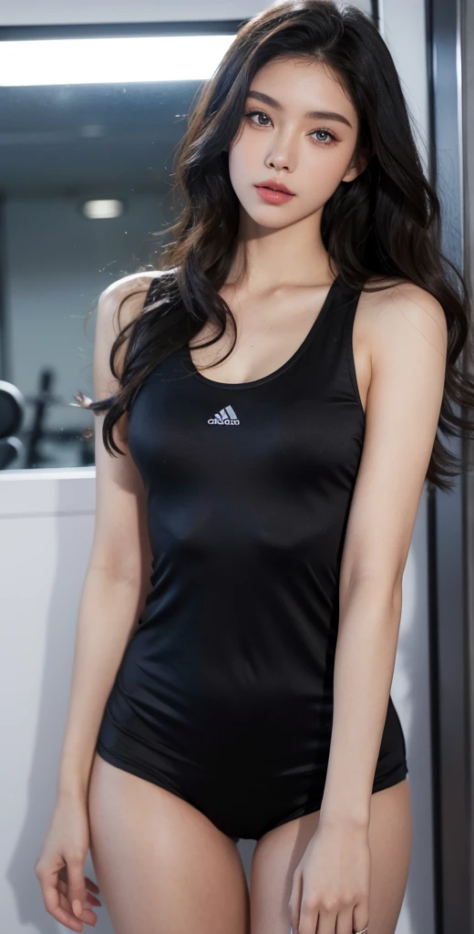 hot beautiful posing model, curly dark hair, dark blue eyes, fitness body --ar 16:9 -