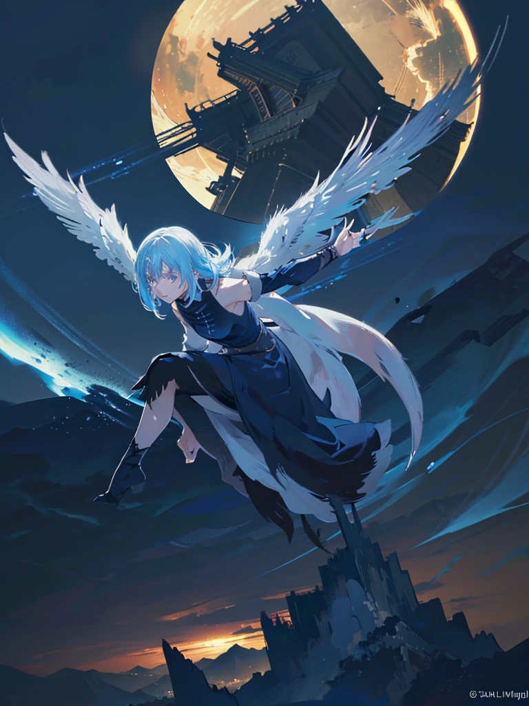 (Rimuru Tempest,Raphael,winged,flying in the air,fantasy,digital art,cinematic lighting,highly detailed,intricate details,dramatic lighting,atmospheric,cinematic composition,epic scale,dramatic pose,expressive eyes,beautiful detailed face,beautiful lips,delicate facial features,soft glowing light,vibrant colors,dynamic movement,ultra-detailed,photo-realistic)