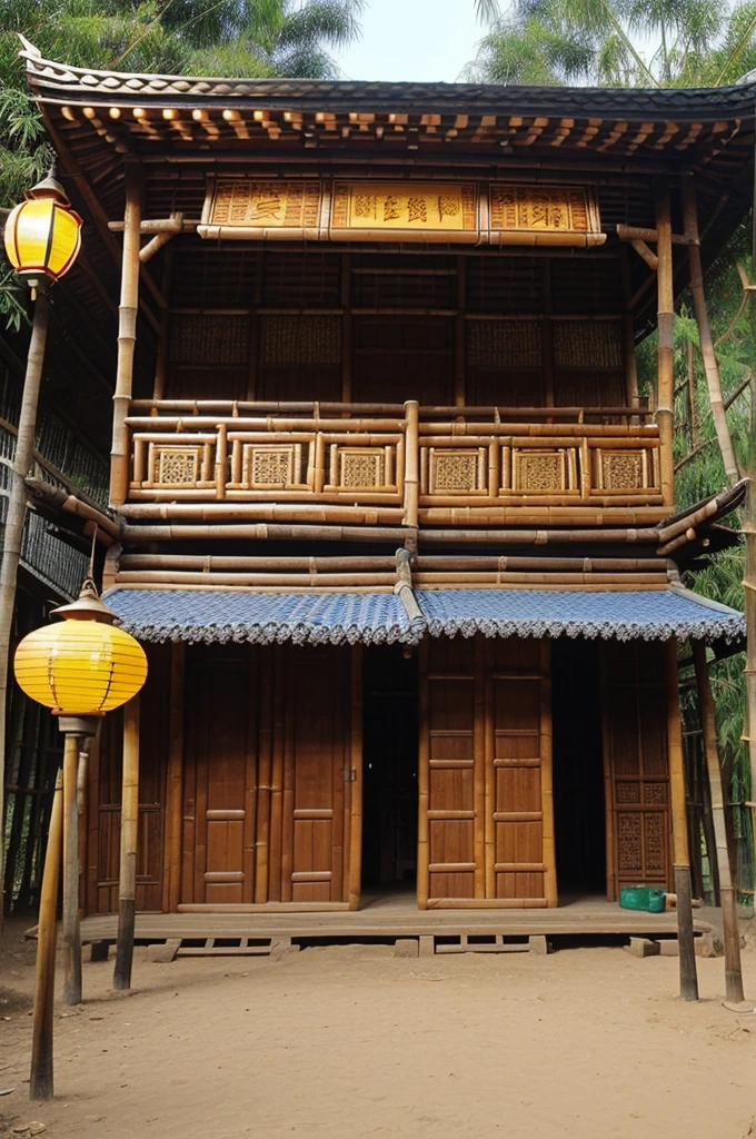 A carnival stall entrance ( 10 m X 10 m )
The entrance made by the bamboo ( stand on the both side of the first entrance )
And the second and third entrance size is less than the first entrance ( is decorate by the lantern )
The roof of the all entrance also made by bamboo
there not the door