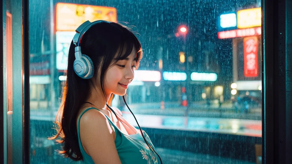night、Girl listening to music in a cozy room, Use headphones, ((2D Style Anime)), Rain outside the window、Analog Color Theme、Ghibli style、neon, close up, detailed background, chill, rain outdoor, detailed face, smile, long hair, large breast, white crop,((crop top)), crop, city light, bare shoulder, detailed armpit, cleveage