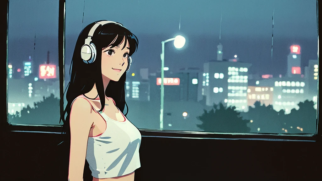 night、Girl listening to music in a cozy room, Use headphones, ((2D Style Anime)),  Rain outside the window、Analog Color Theme、Ghibli style、neon, close up, detailed background, chill, rain outdoor, detailed face, smile, long hair, large breast, white crop,((crop top)), crop, city light, bare shoulder, detailed armpit, cleveage