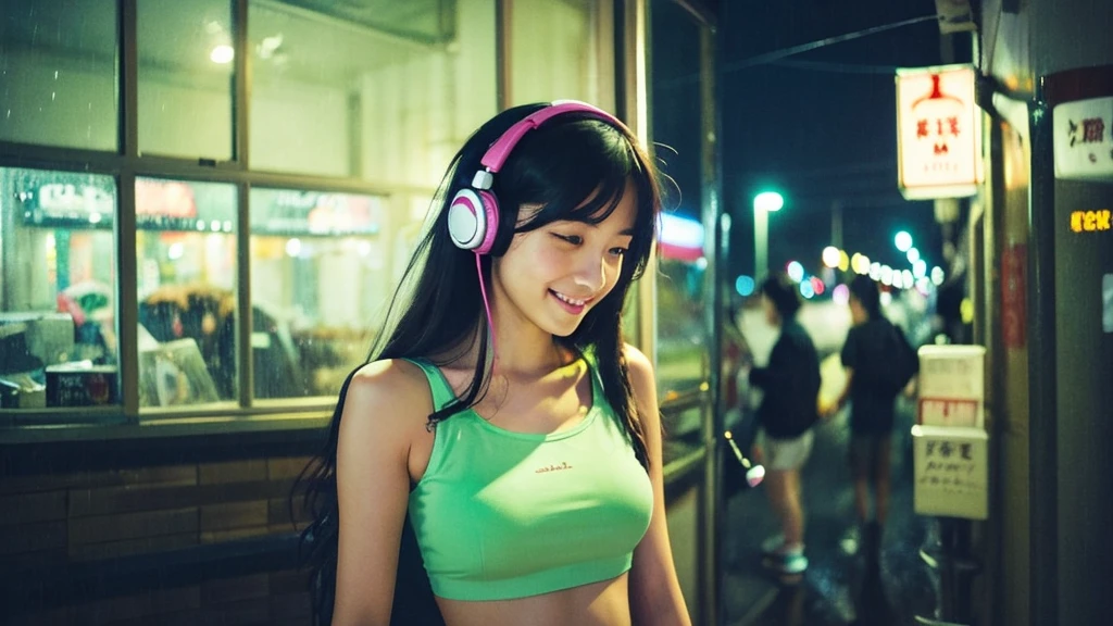 night、Girl listening to music in a cozy room, Use headphones, ((2D Style Anime)),  Rain outside the window、Analog Color Theme、Ghibli style、neon, close up, detailed background, chill, rain outdoor, detailed face, smile, long hair, large breast, white crop,((crop top)), crop, city light, bare shoulder, detailed armpit, cleveage