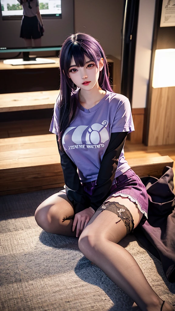 See-through purple polo shirt、Transparent nipples、Big Tits、Transparent OL polo shirt、Sheer panties、Transparent panties、Snow Mountain、Night Sky、Starry Sky、Pussy line、Bite、Spread your legs、Purple hair