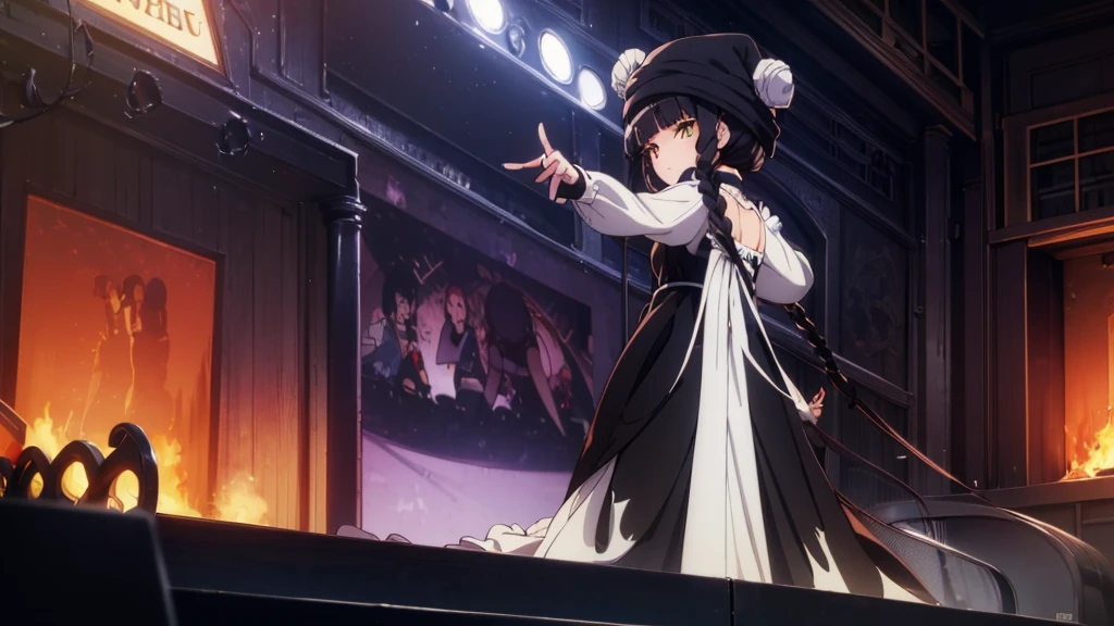 Masterpiece, Best Quality, 1 girl, Alone, black fur, blunt bangs, (braided buns), (two short tails), yellow eyes, white witch hat, long white cap, black dress, rose inside the fabric, stage greeting, lower your back, City on fire, fire smoke, cloudy weather