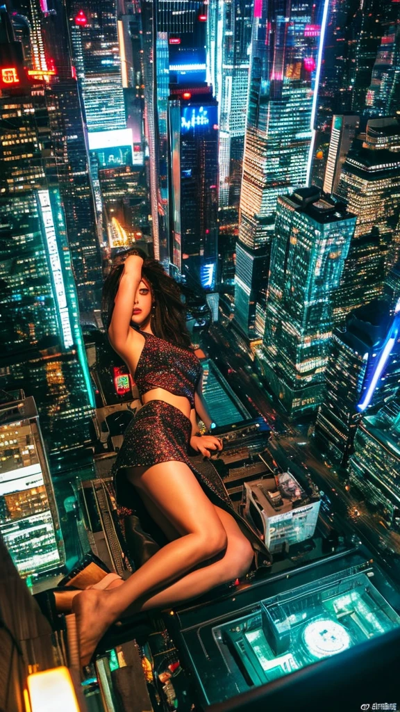A giant woman in a lying on top of a cyberpunk city, Wear short skirts,Little guys running around the giant girl.