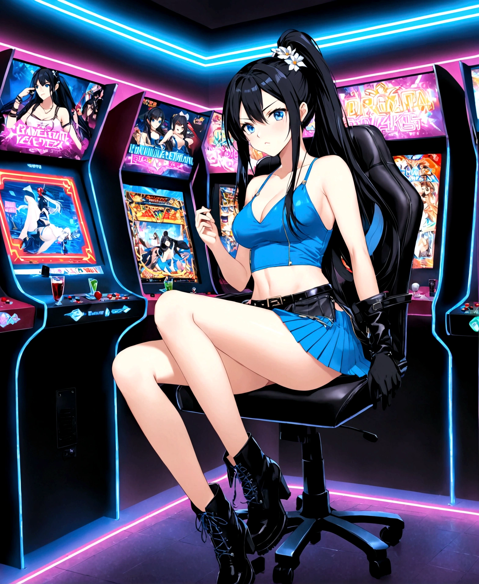 A beautiful woman, 18 years old, in a gaming center, neon lights, sitting on a gamer chair, crossing her legs, furious, annoyed, screaming, looking at an arcade screen, /(white skin, extremely long straight jet black hair combed in a ponytail, topaz blue eyes,), /(plain pleated miniskirt with flower patterns, clear thigh-high stockings held up by garters, leather boots, full-length coat, hair brooch,), /(shapely legs, hourglass-shaped athletic body, medium hips, medium waist, large chest, perfect tapered hands, triangular face, long fingers, Greek nose,),