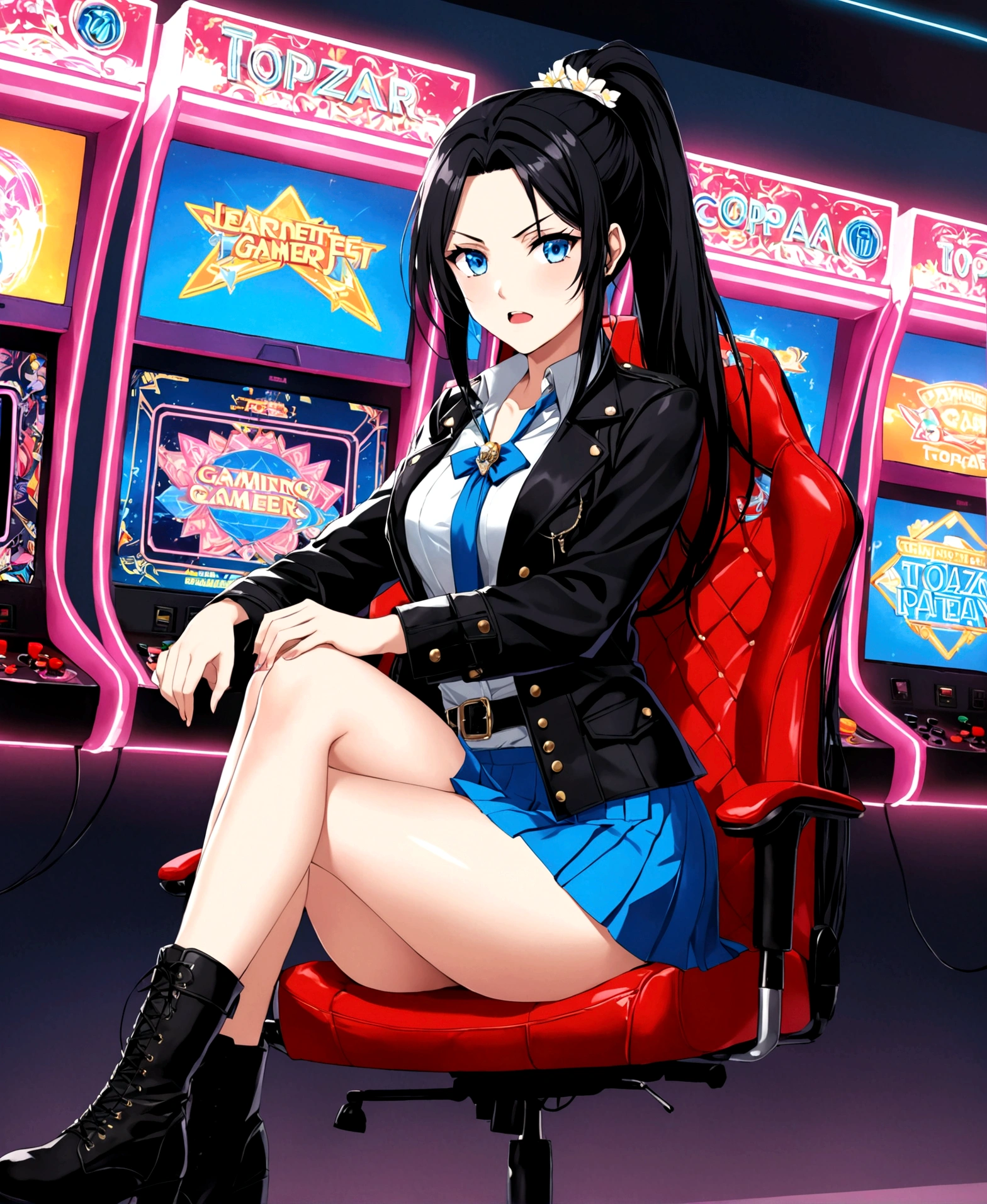 A beautiful woman, 18 years old, in a gaming center, neon lights, sitting on a gamer chair, crossing her legs, furious, annoyed, screaming, looking at an arcade screen, /(white skin, extremely long straight jet black hair combed in a ponytail, topaz blue eyes,), /(plain pleated miniskirt with flower patterns, clear thigh-high stockings held up by garters, leather boots, full-length coat, hair brooch,), /(shapely legs, hourglass-shaped athletic body, medium hips, medium waist, large chest, perfect tapered hands, triangular face, long fingers, Greek nose,),