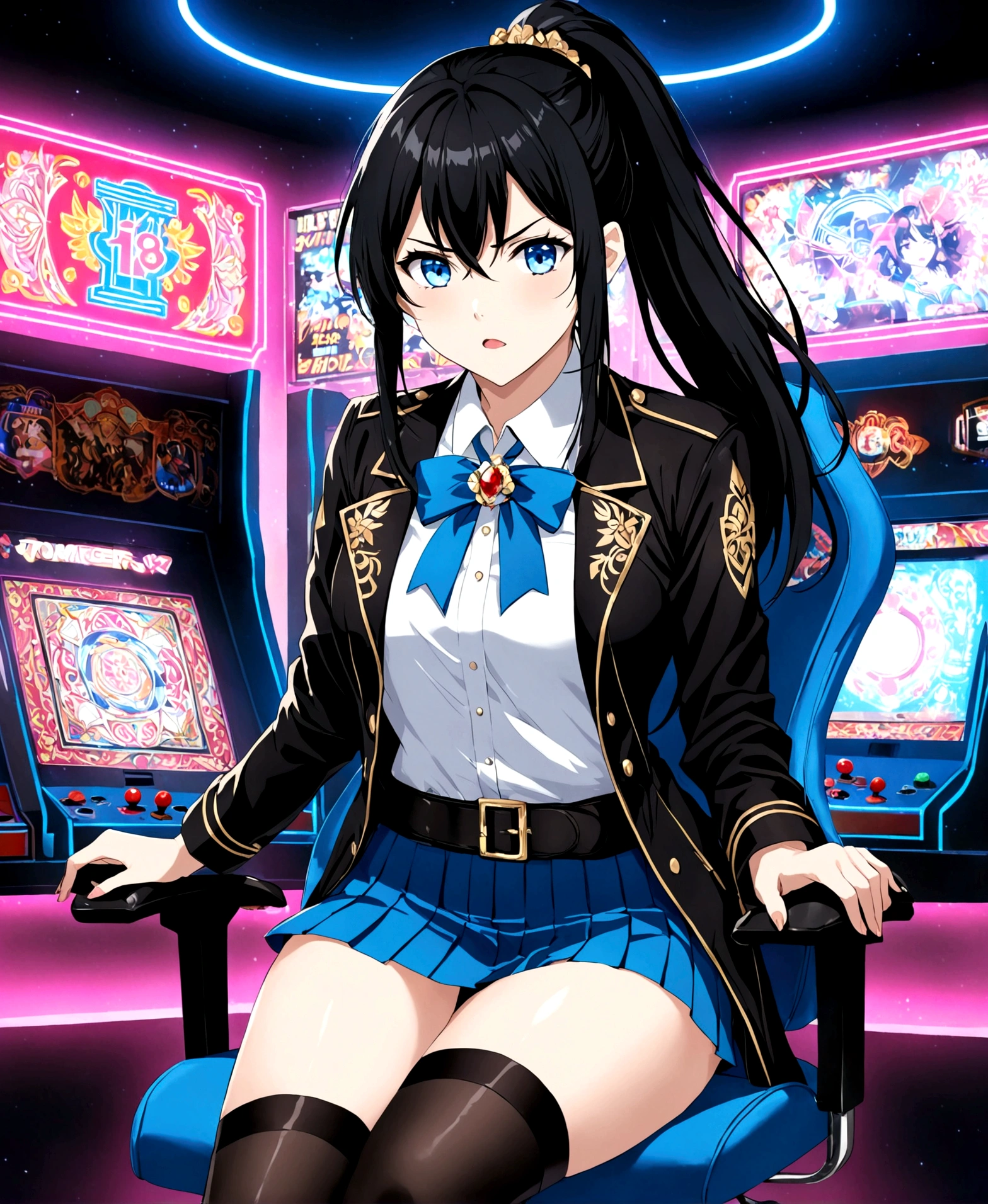 A beautiful woman, 18 years old, in a gaming center, neon lights, sitting on a gamer chair, crossing her legs, furious, annoyed, screaming, looking at an arcade screen, /(white skin, extremely long straight jet black hair combed in a ponytail, topaz blue eyes,), /(plain pleated miniskirt with flower patterns, clear thigh-high stockings held up by garters, leather boots, full-length coat, hair brooch,), /(shapely legs, hourglass-shaped athletic body, medium hips, medium waist, large chest, perfect tapered hands, triangular face, long fingers, Greek nose,),