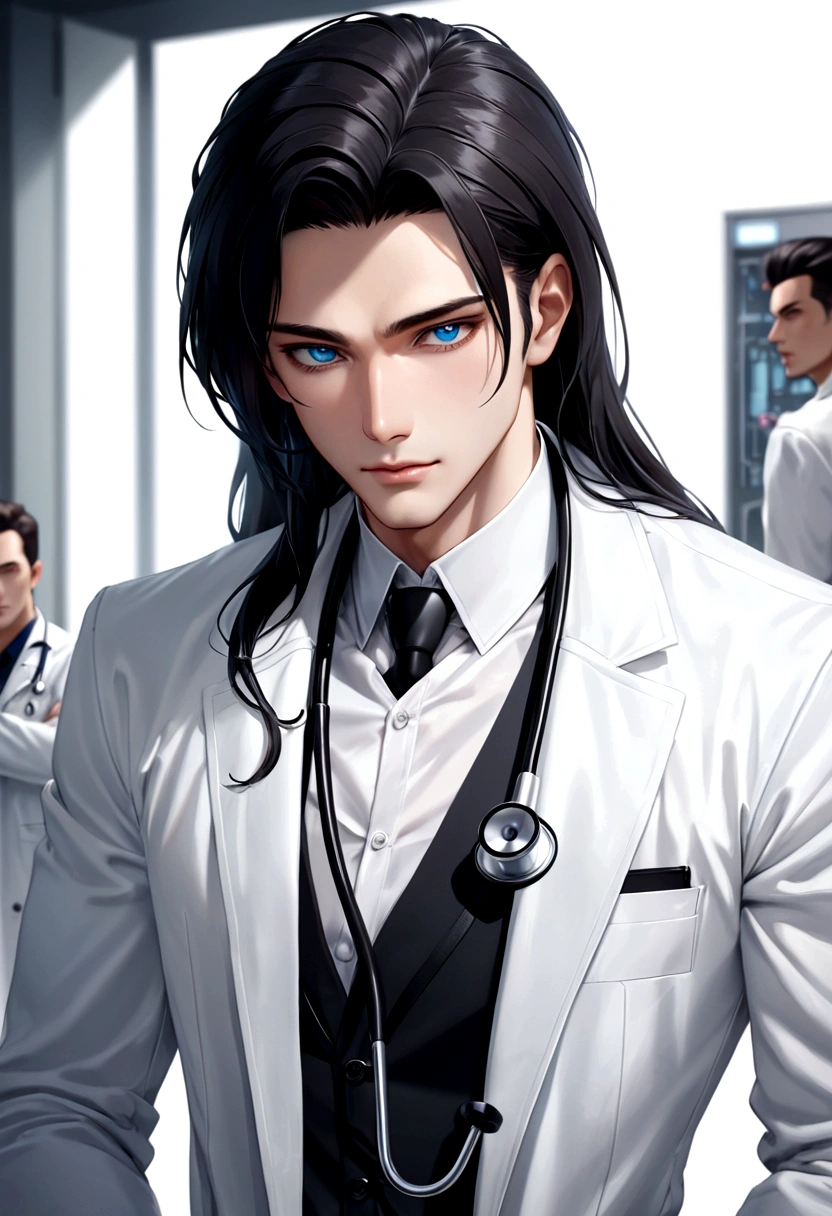 Cool men and men's interactions、NSFW1 Male(White long hair、Smooth Hair、lab coat、stethoscope、Delicate face、Blue Eyes)2 Male(Black Hair、Dark Eyes)cool、White shirt