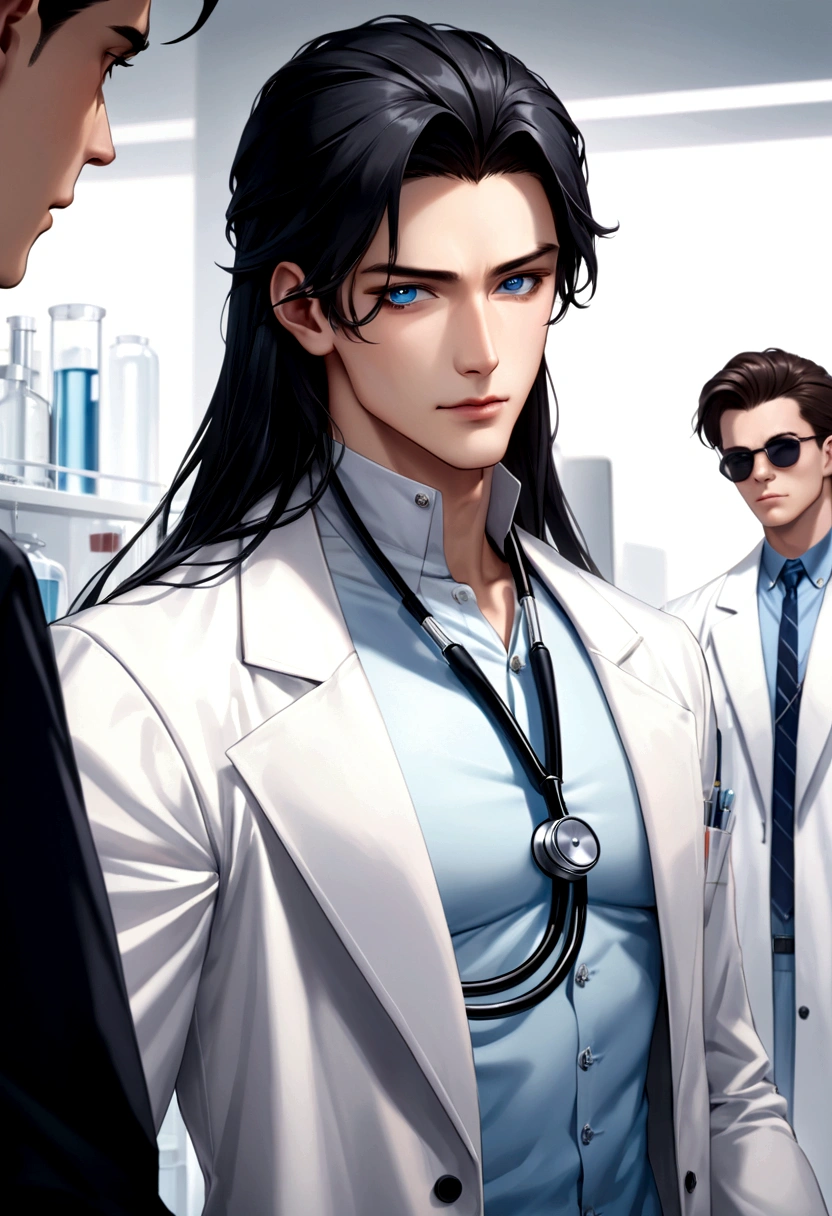Cool men and men's interactions、NSFW1 Male(White long hair、Smooth Hair、lab coat、stethoscope、Delicate face、Blue Eyes)2 Male(Black Hair、Dark Eyes)cool、White shirt